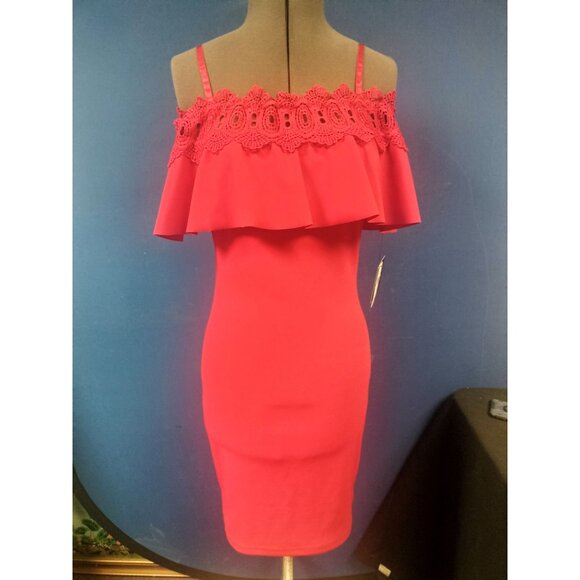 By & By Womens Off-The-Shoulder Pink Lace Ruffle Bodycon Dress Size 7 - Picture 1 of 5